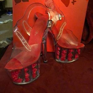 Pleaser Heels Clear With Encased Red Roses Sz 6 7” Heel